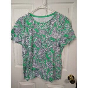 Talbots Woman M Tee Light Green White Black S/S Paisley Casual Comfort